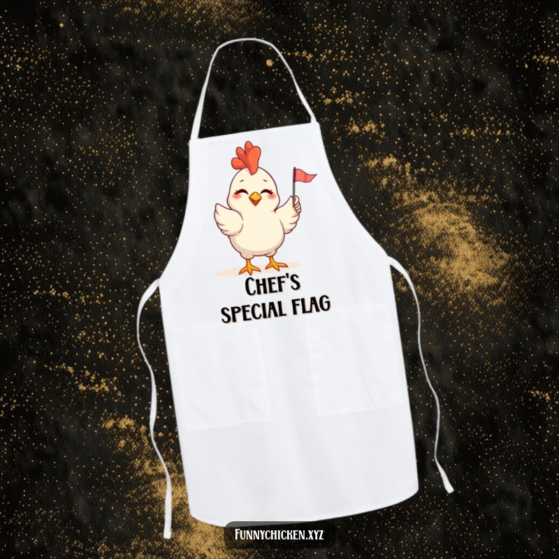 Funny apron showing a winking chicken waving a small, colorful flag, perfect for adding humor to cooking.