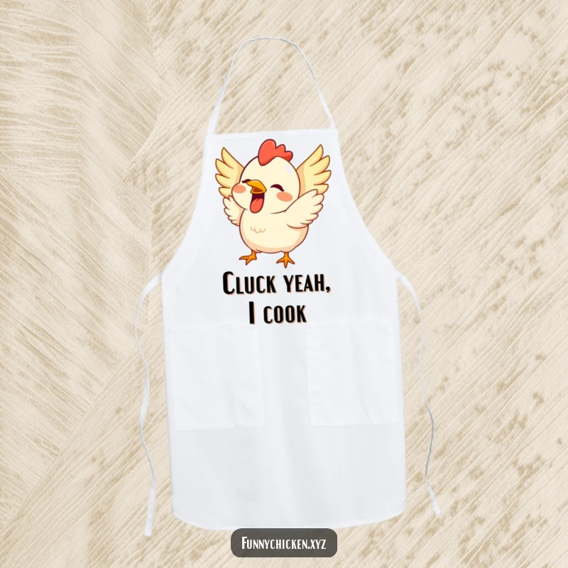 Funny apron displaying a cute chicken with a wide grin, wings flapping excitedly, ready for culinary fun.