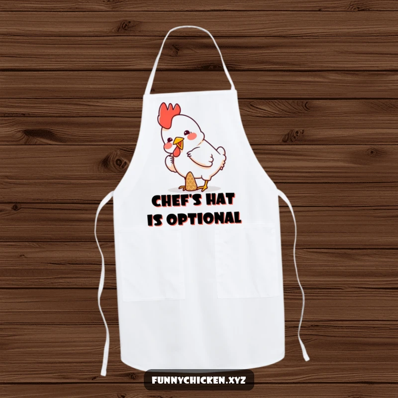 Funny apron showing a chicken comically trying to balance a small cone on its head, perfect for adding humor to cooking.