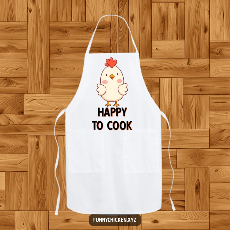 Funny simple chicken character apron with rosy cheeks, clucking happily, for humorous and cheerful kitchen activities.