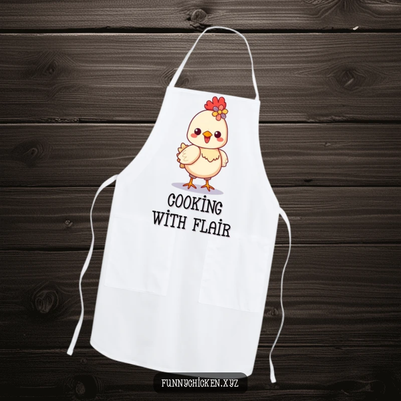 Funny Kawaii chicken apron, depicting a proud chicken strutting with a flower in its crest, ready for culinary flair.