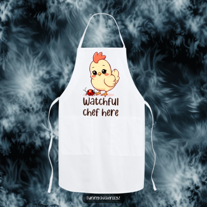 Funny Kawaii chicken apron, showing a curious chicken intently watching a ladybug crawl nearby, a sweet kitchen accessory.