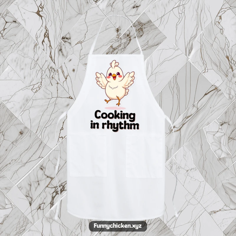 Funny kawaii chicken apron, doing a joyful jig with spread wings, a humorous and practical kitchen accessory.