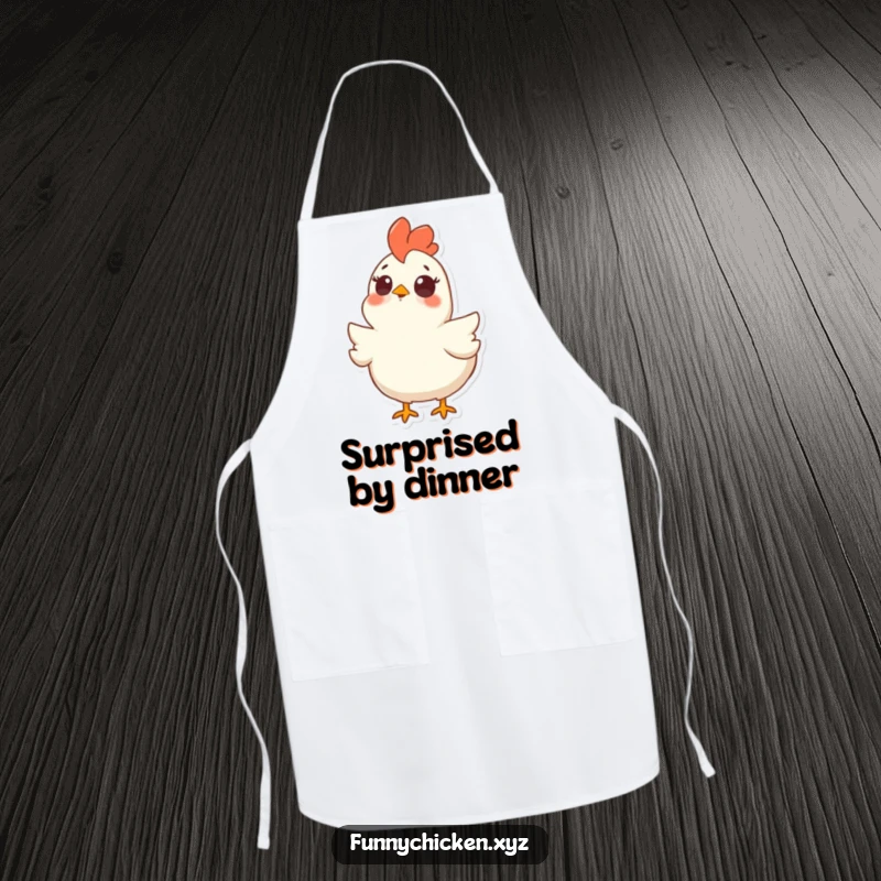 Funny apron showing a chicken looking upwards with wide, surprised eyes and an open beak, perfect for adding humor to cooking.