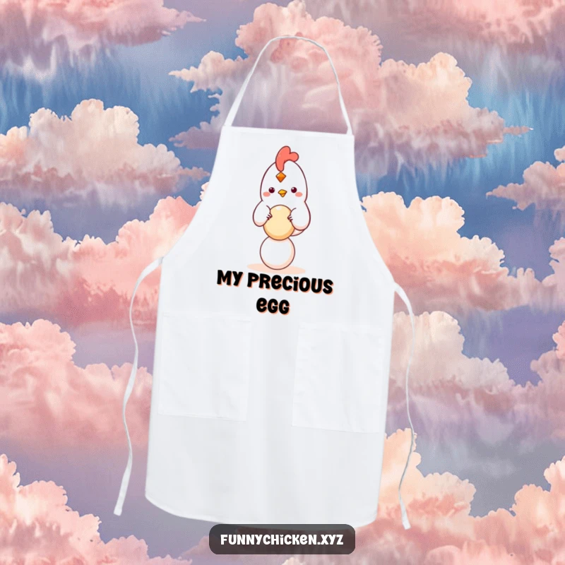 Funny kawaii chicken apron balancing a small, round egg, a humorous and practical accessory for the kitchen.