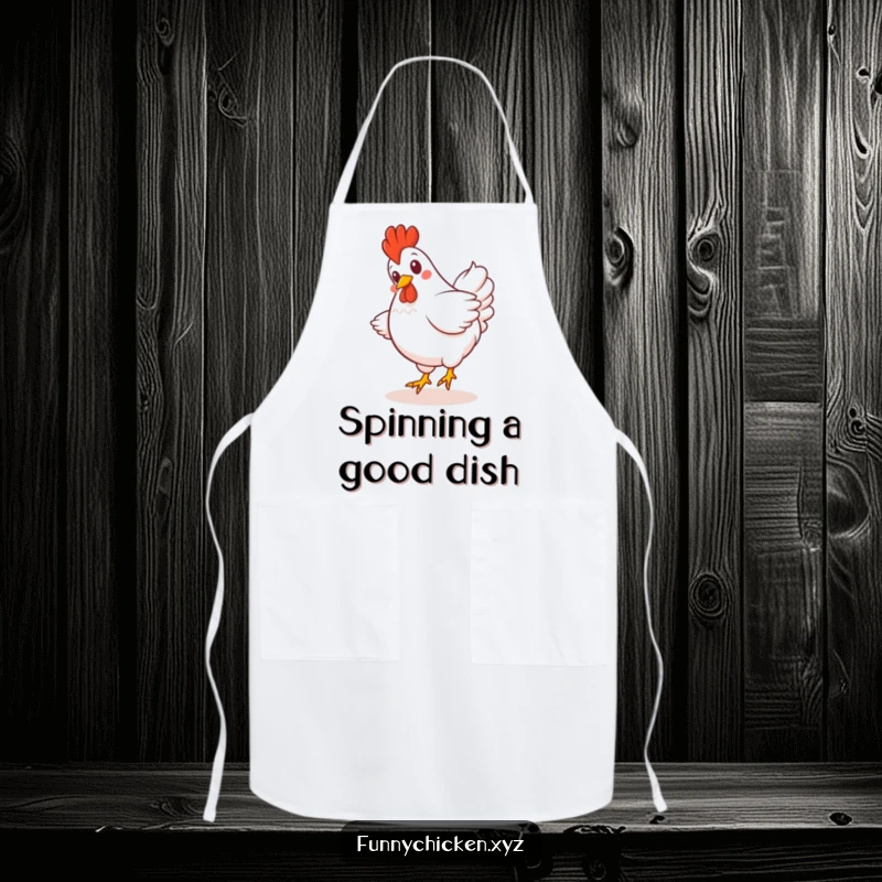 Funny Kawaii chicken apron, depicting a giggling chicken spinning with its tail feathers fanned out, ready for kitchen fun.