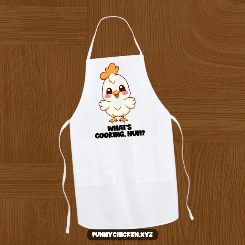 Funny joyful chicken character apron, head cocked curiously, for humorous and practical kitchen use by chefs.