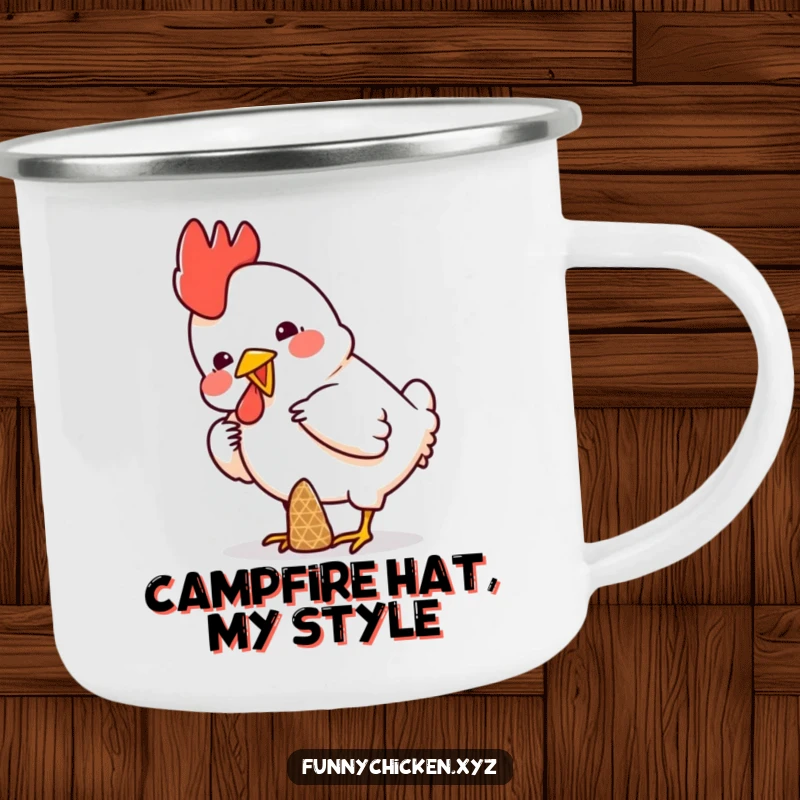 Funny camping mug featuring a chicken comically balancing a small cone on its head, adding humor to outdoor drinks.