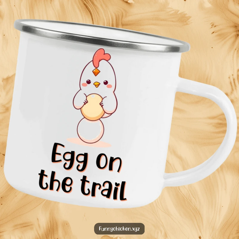 Funny kawaii chicken camping mug balancing a small, round egg, durable and humorous for steady outdoor trips.