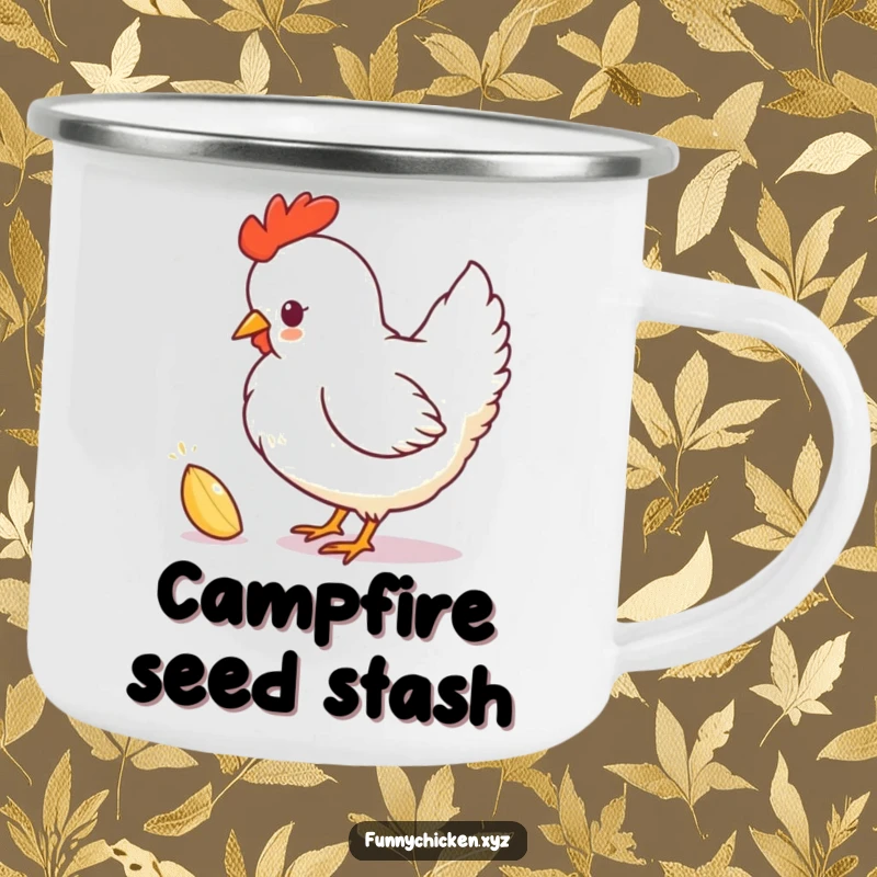 Funny chicken silhouette enamel camping mug, playfully pecking at a sparkling seed, designed for outdoor humor.