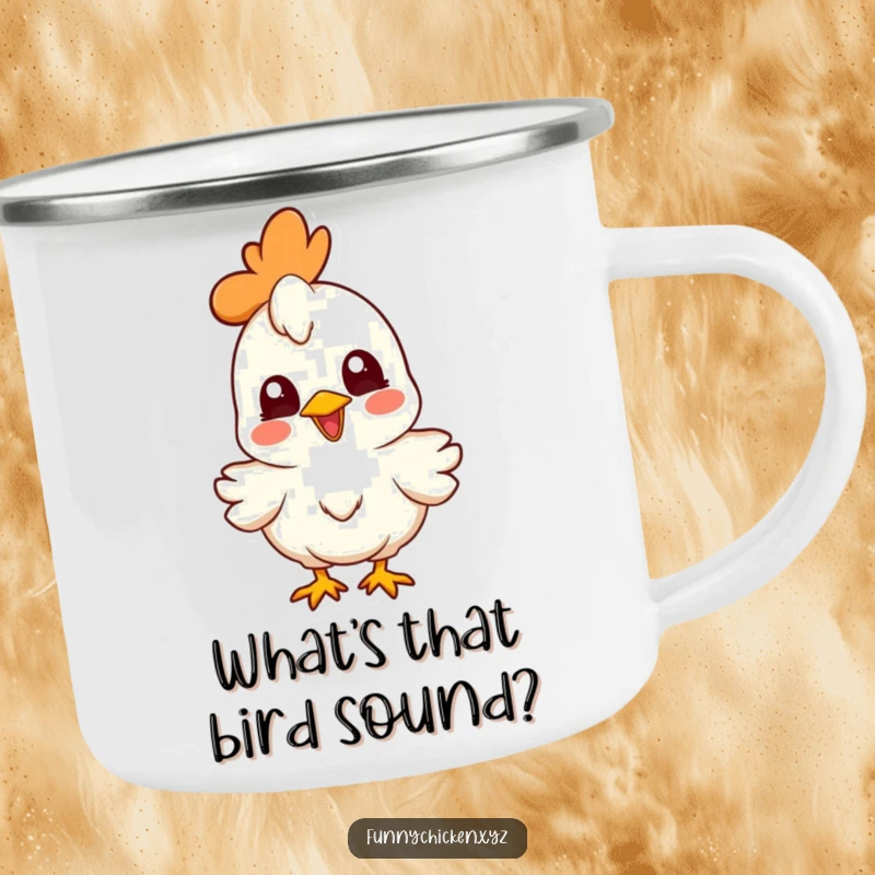 Funny joyful chicken character enamel camping mug, head cocked curiously, for humorous outdoor enjoyment and gifting.