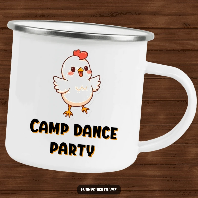 Funny stylized chicken character enamel camping mug, doing a little bouncy dance, for humorous outdoor enjoyment.