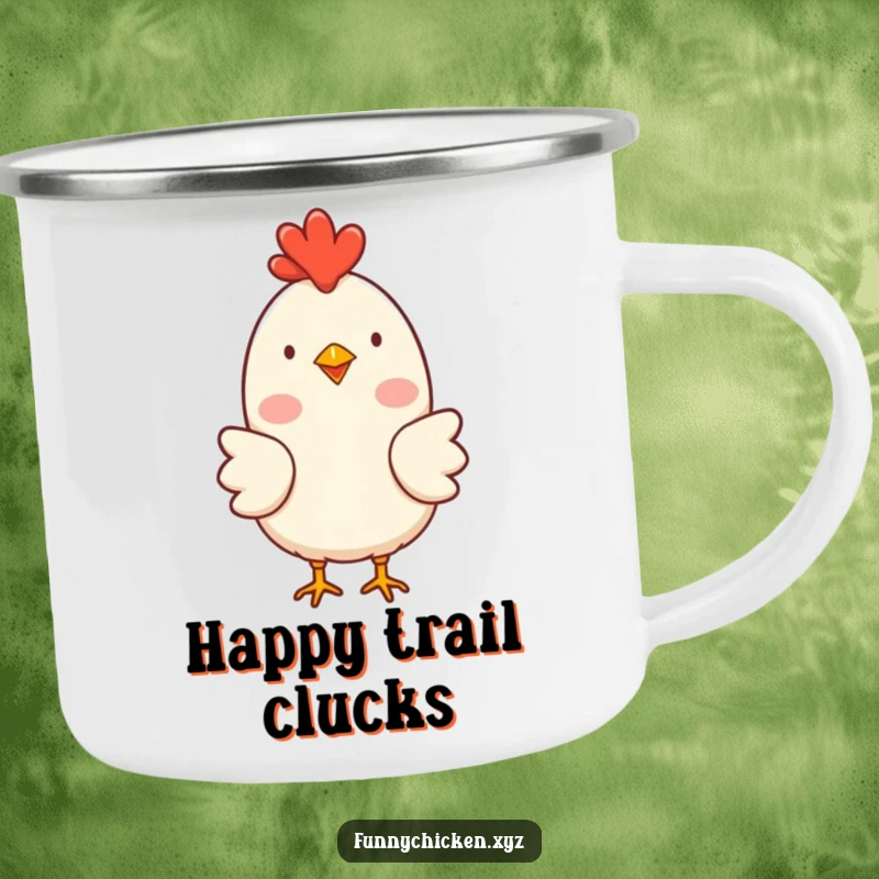 Funny simple chicken character enamel camping mug with rosy cheeks, clucking happily, for humorous outdoor enjoyment.