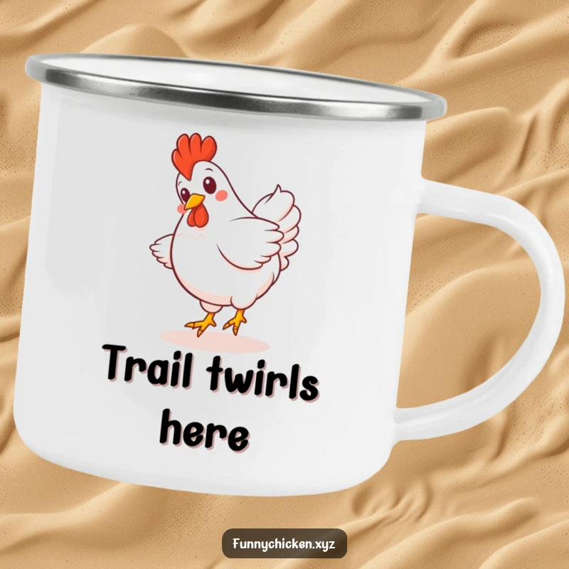 Funny Kawaii chicken camping mug, showing a giggling chicken spinning with its tail feathers fanned out, ready for outdoor fun.