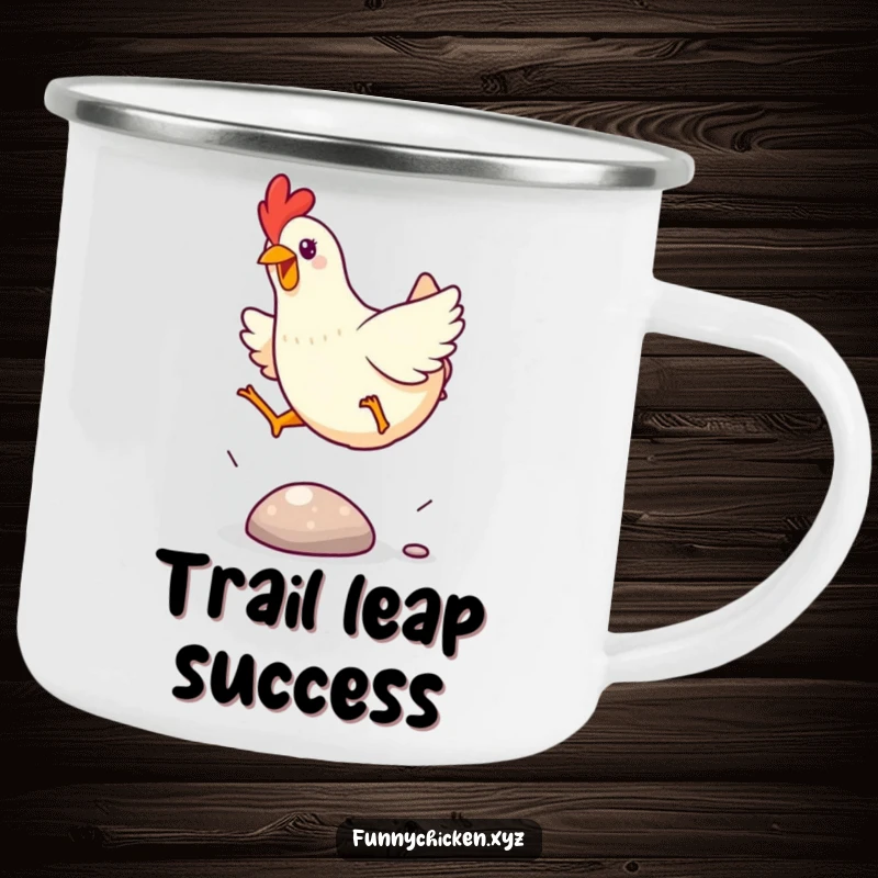 Funny Kawaii chicken camping mug, showing a chicken excitedly leaping over a small, shiny pebble, a cheerful outdoor scene.