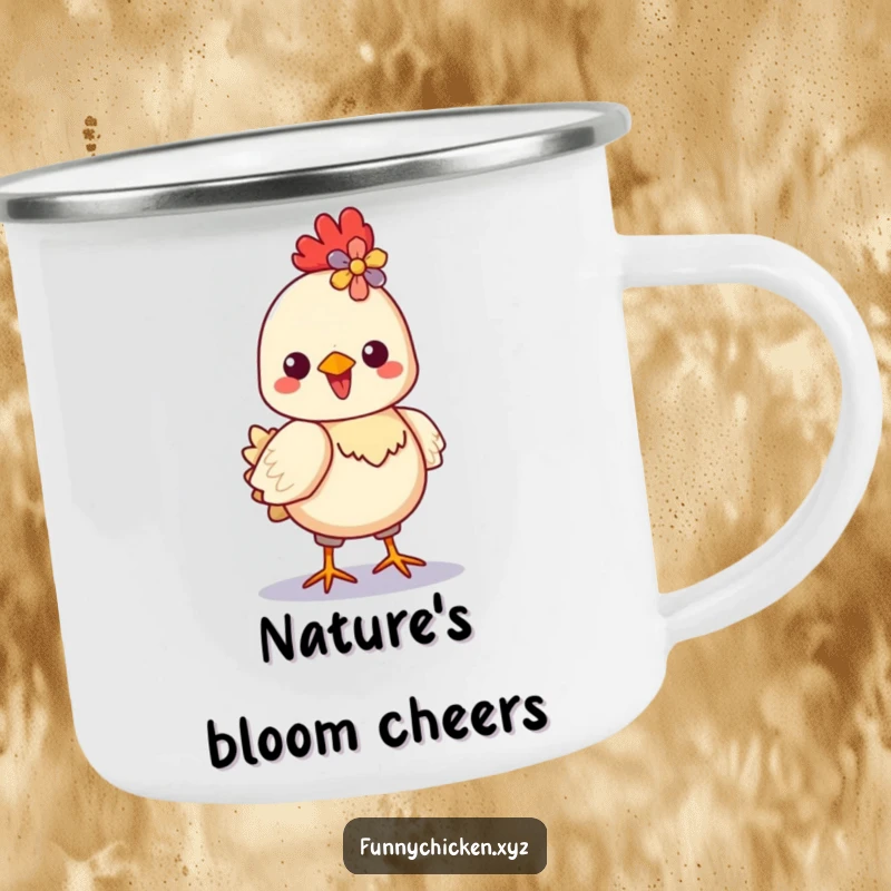 Funny Kawaii chicken camping mug, showing a proud chicken strutting with a colorful flower in its crest, ready for the outdoors.