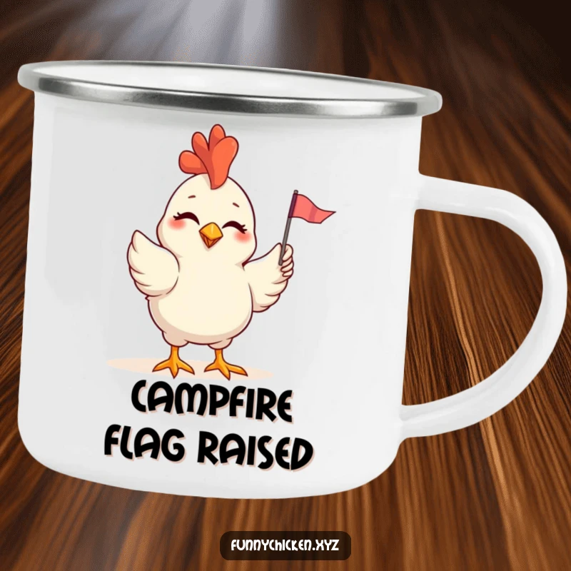 Funny camping mug featuring a winking chicken waving a small, colorful flag, adding humor to outdoor drinks.