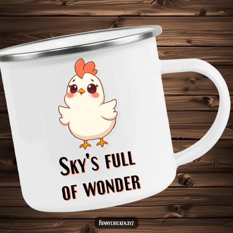 Funny camping mug featuring a chicken with wide, surprised eyes looking upwards, adding humor to outdoor drinks.