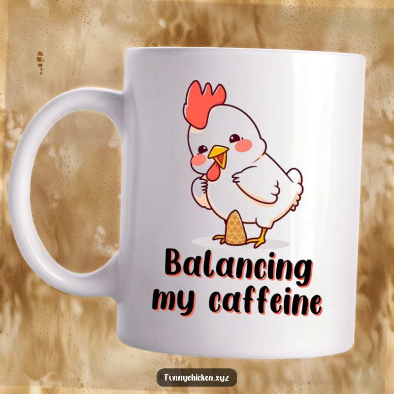 Funny mug featuring a determined chicken comically trying to balance a tiny, colorful party cone on its head.
