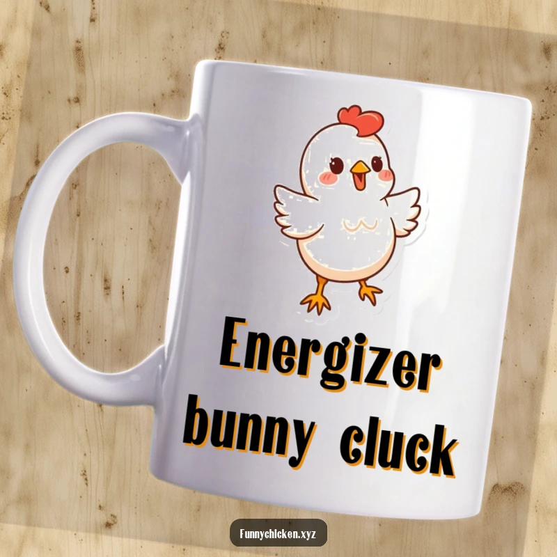 Funny stylized chicken shape mug, depicted doing a little bouncy dance, perfect for a humorous and energetic gift.