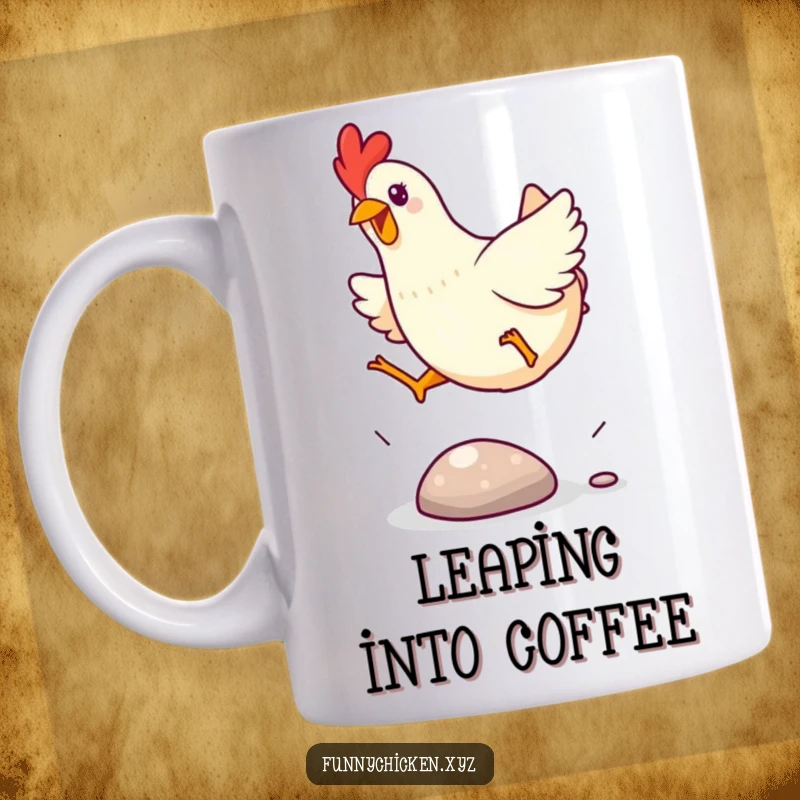Funny Kawaii chicken mug, excitedly leaping over a small, shiny pebble with great enthusiasm and a sense of fun.