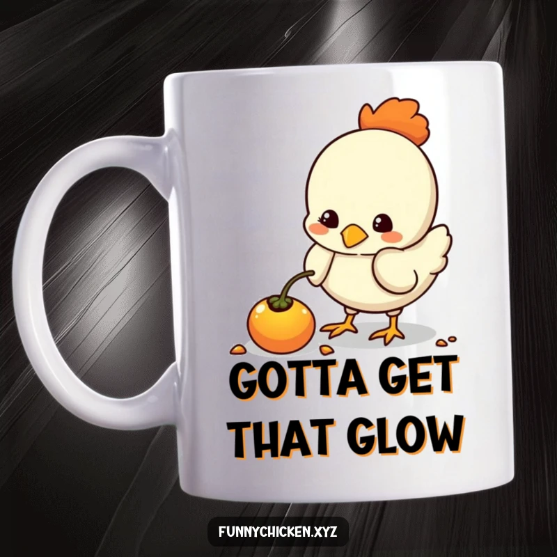 Funny kawaii chicken mug, pecking curiously at a brightly glowing seed, full of wonder and charm.