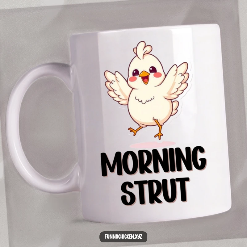 Funny kawaii chicken mug, doing a joyful jig with spread wings, expressing pure happiness and playful energy.