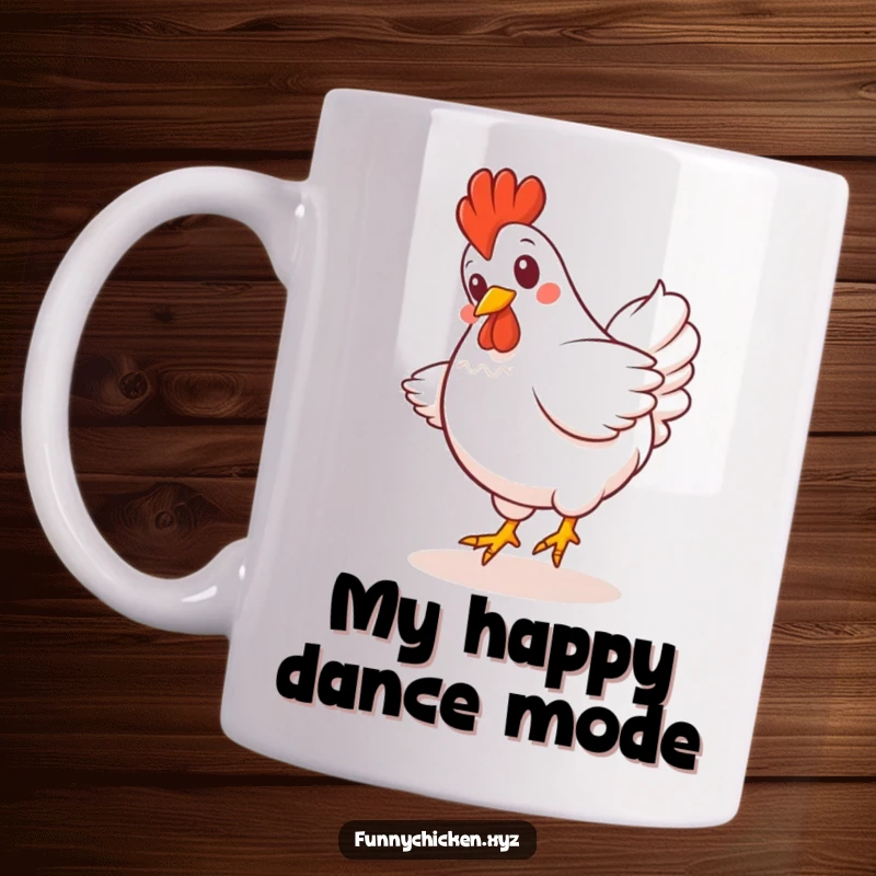 Funny Kawaii chicken mug with feathered tail fanned out, giggling as it spins in a joyful, hilarious circle.