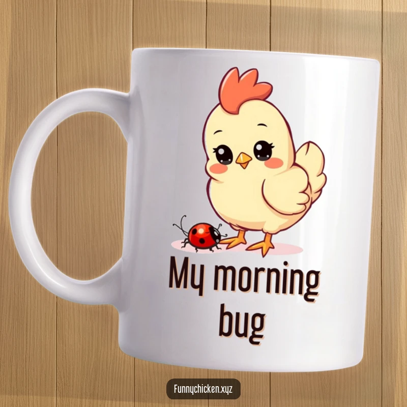 Funny Kawaii chicken mug, with curious eyes focused on a ladybug crawling nearby, capturing a moment of gentle observation.