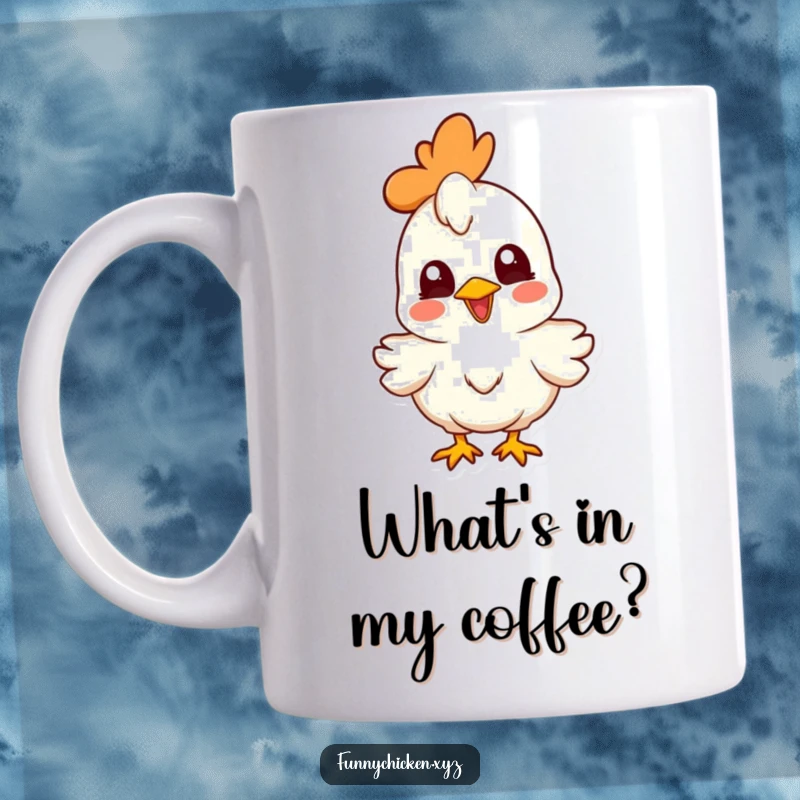 Funny joyful chicken character mug, head cocked curiously, perfect for a humorous morning coffee or tea.
