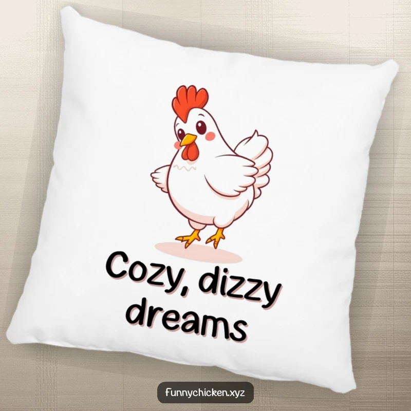 Funny Kawaii chicken pillow, showing a giggling chicken spinning with its tail feathers fanned out in a joyful pose.