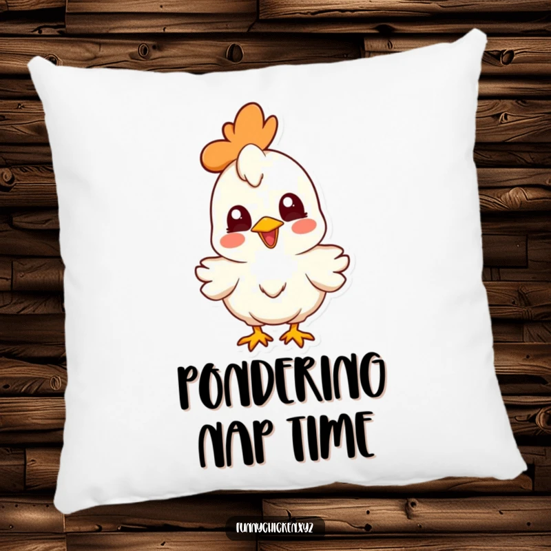 Funny joyful chicken character pillow, head cocked curiously, offering cozy humor and a touch of whimsy.