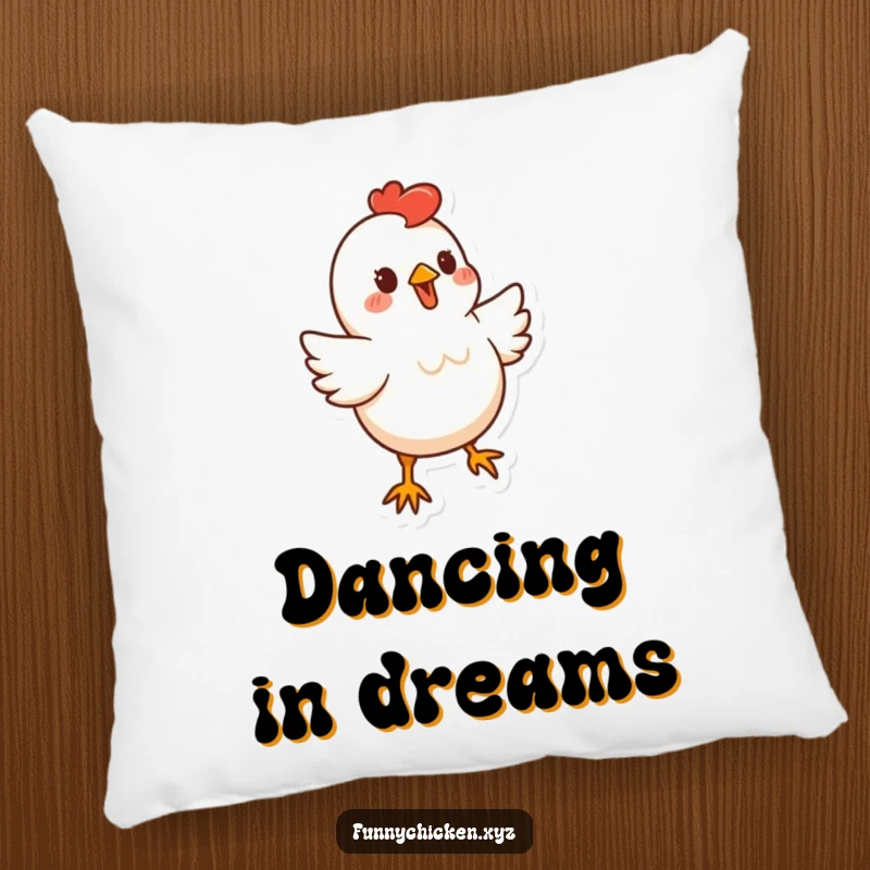 Funny stylized chicken character pillow, doing a little bouncy dance, offering cozy humor and energetic vibes.