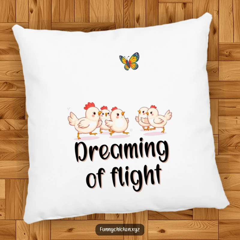 Funny Kawaii chicken pillow, depicting a group of chickens playfully chasing a fluttering butterfly, a charming and lively image.