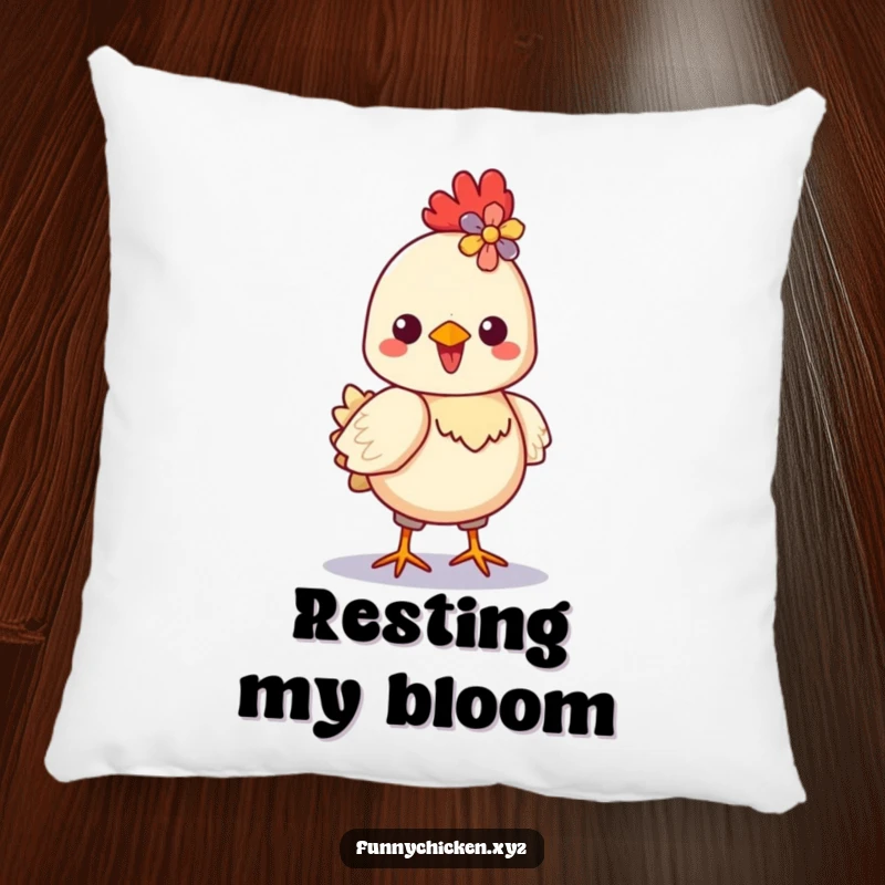 Funny Kawaii chicken pillow, showing a delighted and proud chicken strutting with a colorful flower in its crest.