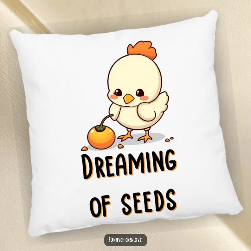 Funny kawaii chicken pillow, pecking at a glowing seed, soft and cute decor with a humorous, heartwarming appeal.