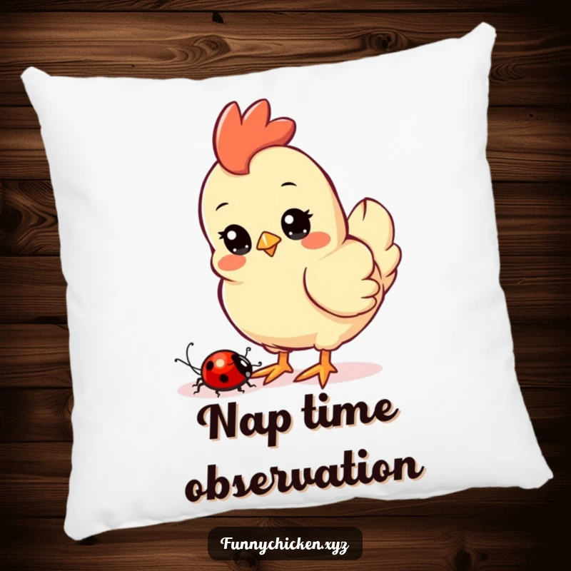 Funny Kawaii chicken pillow, depicting a curious chicken watching a ladybug crawl nearby, a peaceful and charming image.