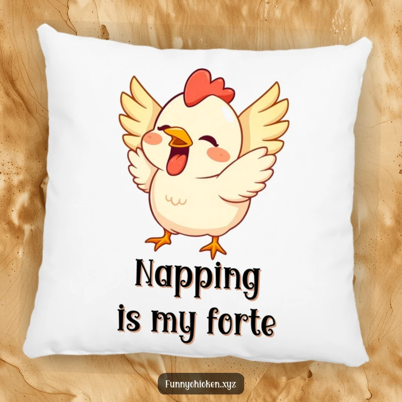 Funny pillow featuring a cute chicken with a wide grin, wings flapping excitedly, offering comfort and cheerful vibes.