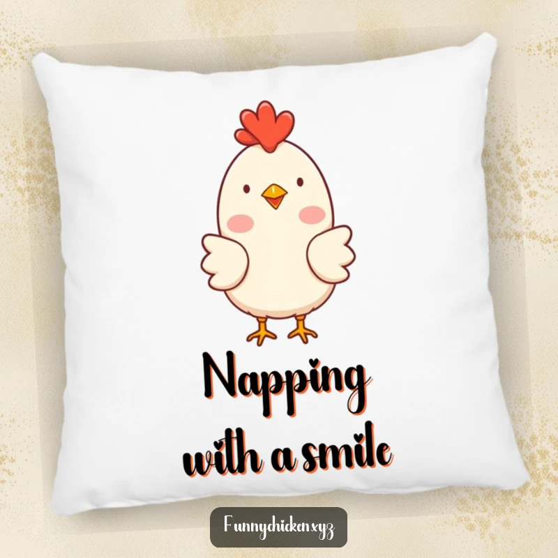Funny simple chicken character pillow with rosy cheeks, clucking happily, offering cozy humor and cheerful vibes.