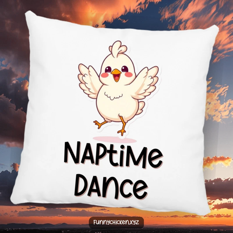 Funny kawaii chicken pillow, doing a joyful jig with spread wings, soft and cute decor for a humorous, happy vibe.