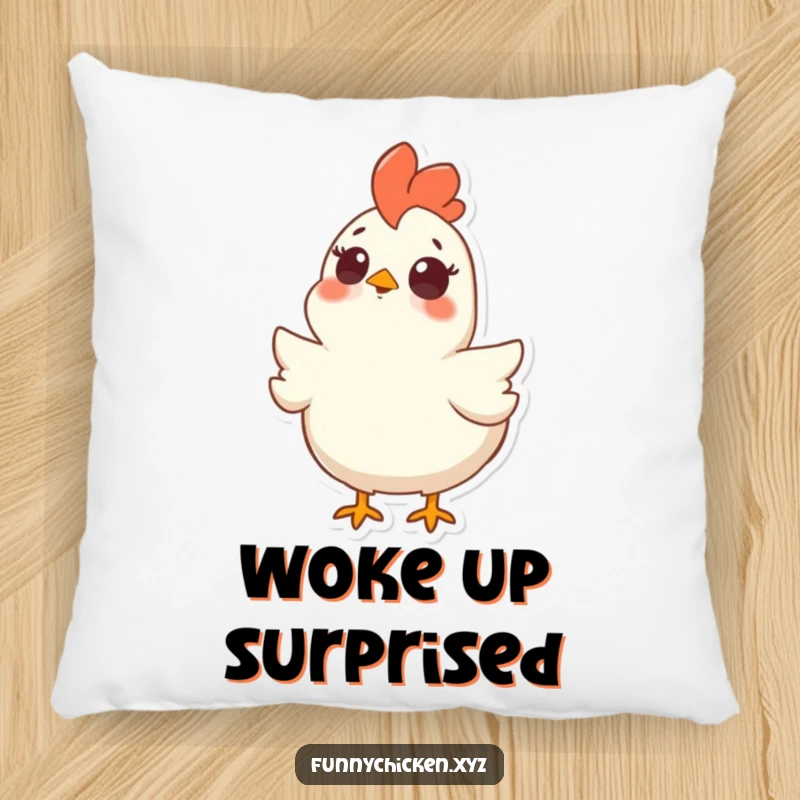Funny pillow featuring a chicken with wide, surprised eyes and an open beak, looking upwards in comical astonishment.