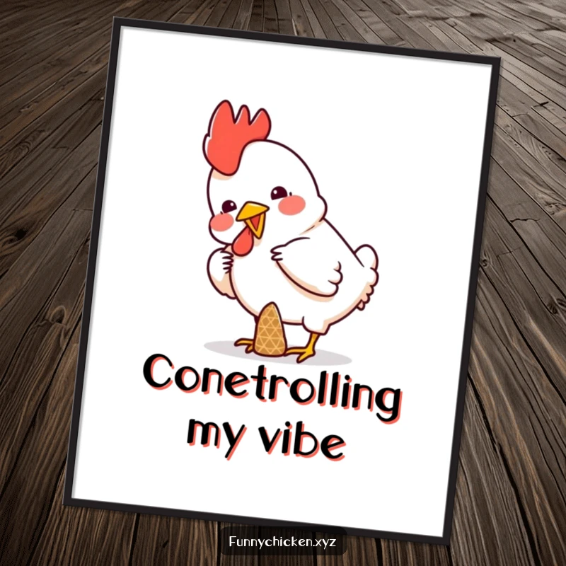 Funny digital art print of a chicken comically attempting to balance a small cone on its head, a humorous and delightful scene.