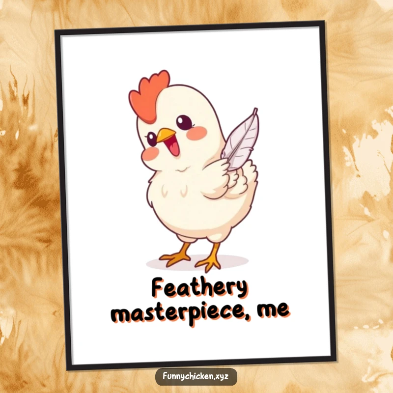 Funny digital art print capturing a chicken joyfully pecking at a single falling feather, a humorous and delightful avian moment.
