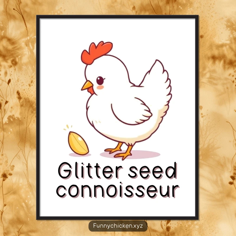 Funny chicken silhouette digital art print, playful chicken pecking at a sparkling seed, ready for instant humorous decoration.