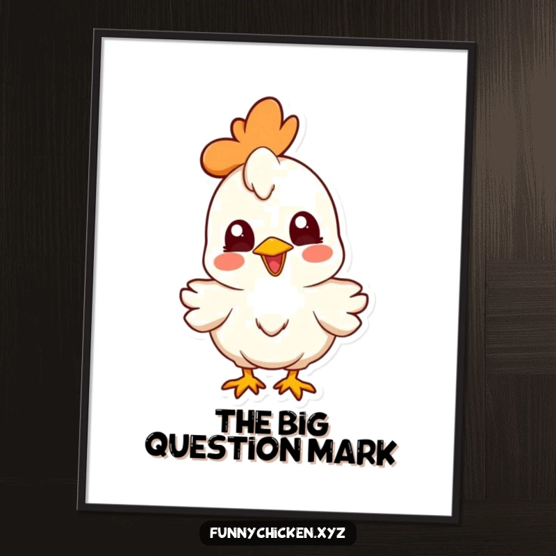 Funny joyful chicken character digital art print, head cocked curiously, for instant humorous wall decoration.
