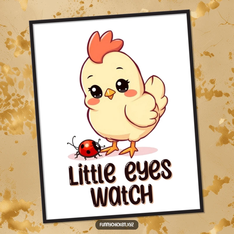 Funny Kawaii chicken digital art print, showing a curious chicken watching a ladybug nearby, a charming and peaceful illustration.