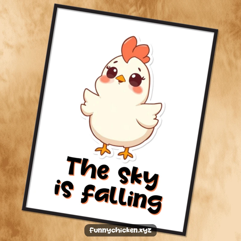 Funny digital art print of a chicken with comically wide eyes and an open beak, looking straight upwards in utter surprise.