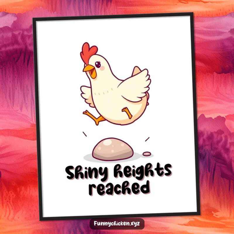 Funny Kawaii chicken digital art print, showing a chicken excitedly leaping over a small, shiny pebble, a vibrant and joyful illustration.