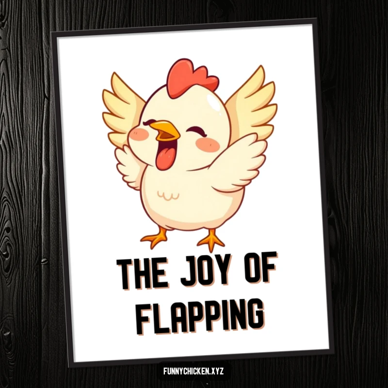 Funny digital art print of a cute chicken with a wide grin, wings flapping excitedly, perfect for immediate download.