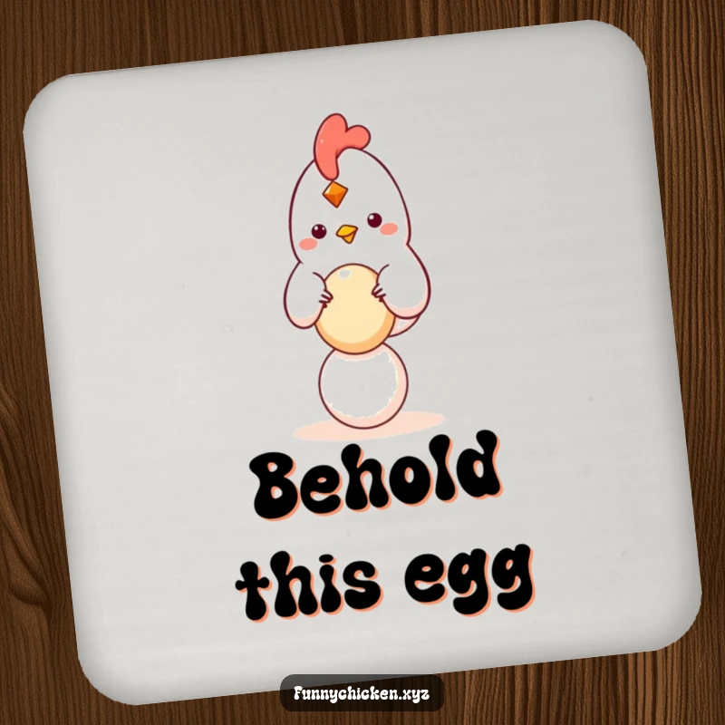 Funny kawaii chicken coaster balancing a small, round egg, protecting surfaces with a humorous and serene design.